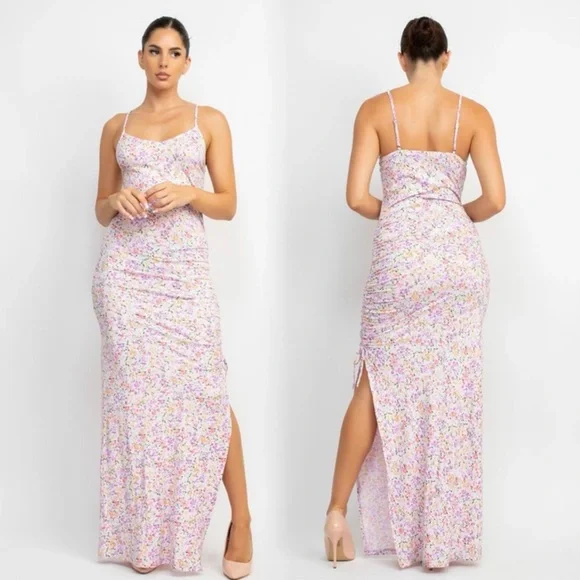 Summer Floral Maxi Dress With Slit and Ruched detail - Picture 4 of 6